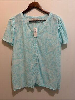 LOFT Light Aqua Paisley Button-Front Short Sleeve Top - NWT